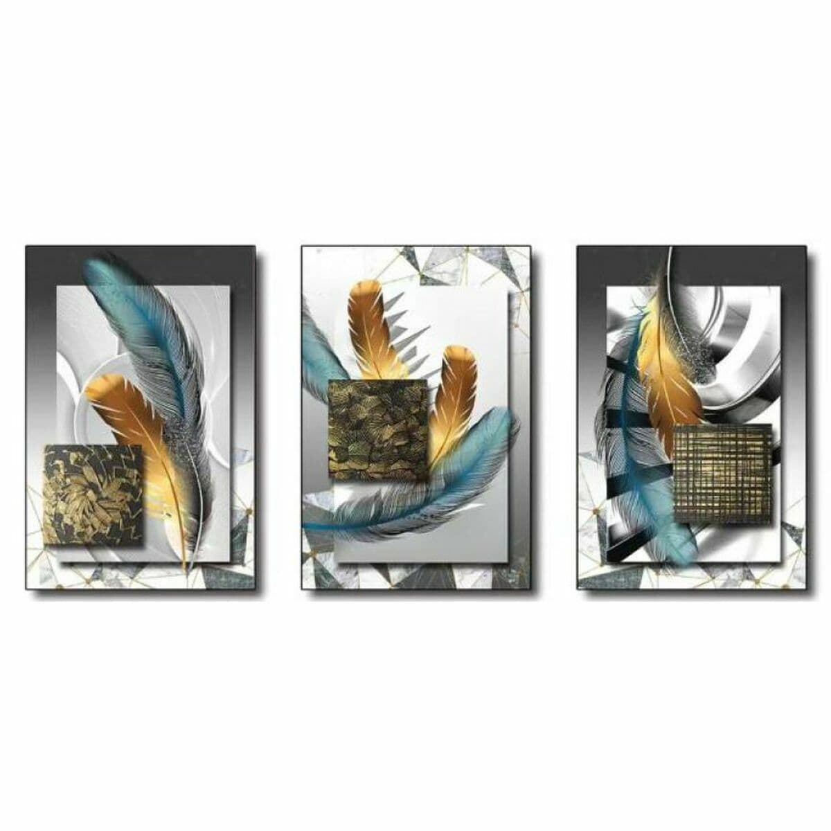 Gold feathers on mirror canvas (set of 3)