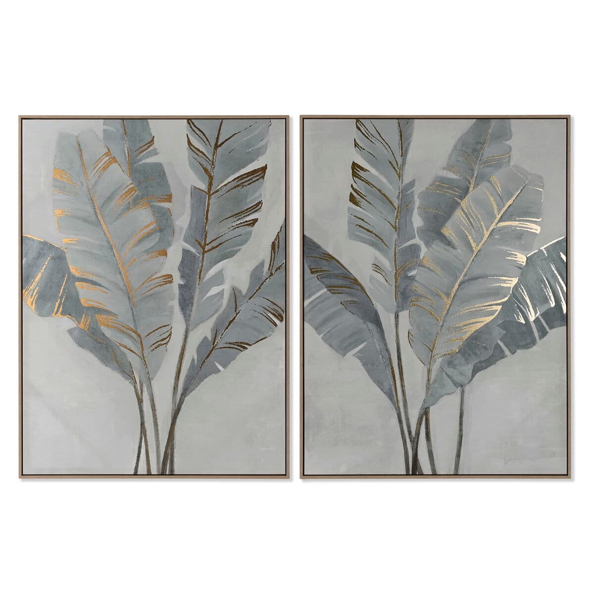 Botanical leaves canvas grey-gold (set of 2)