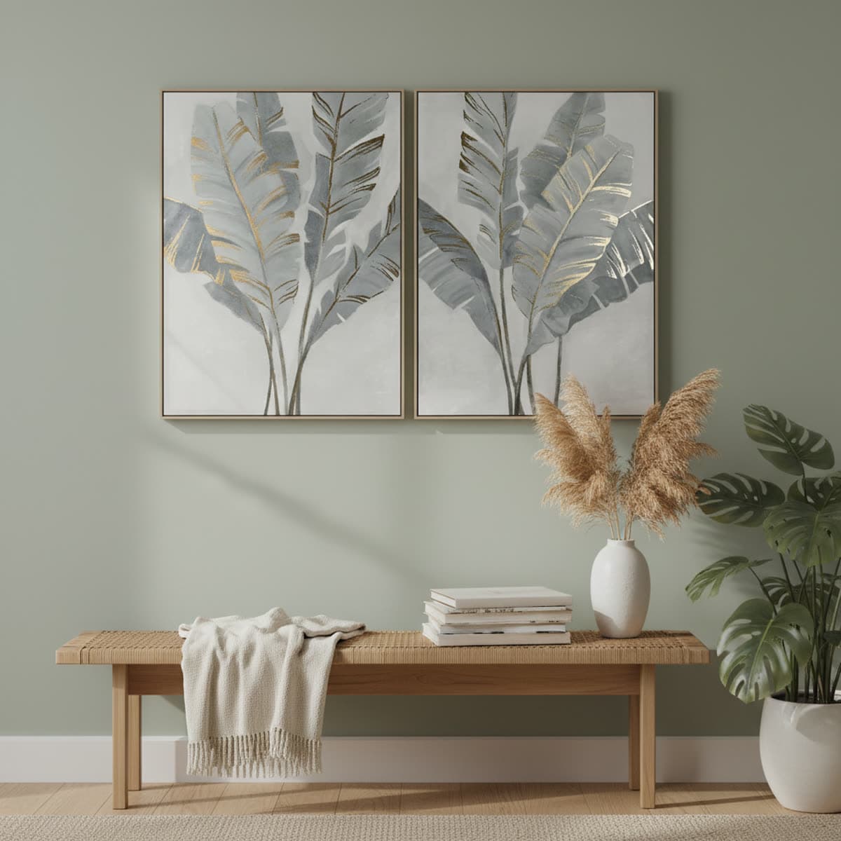Canvas botanische bladeren grijs-goud (2-delig)
