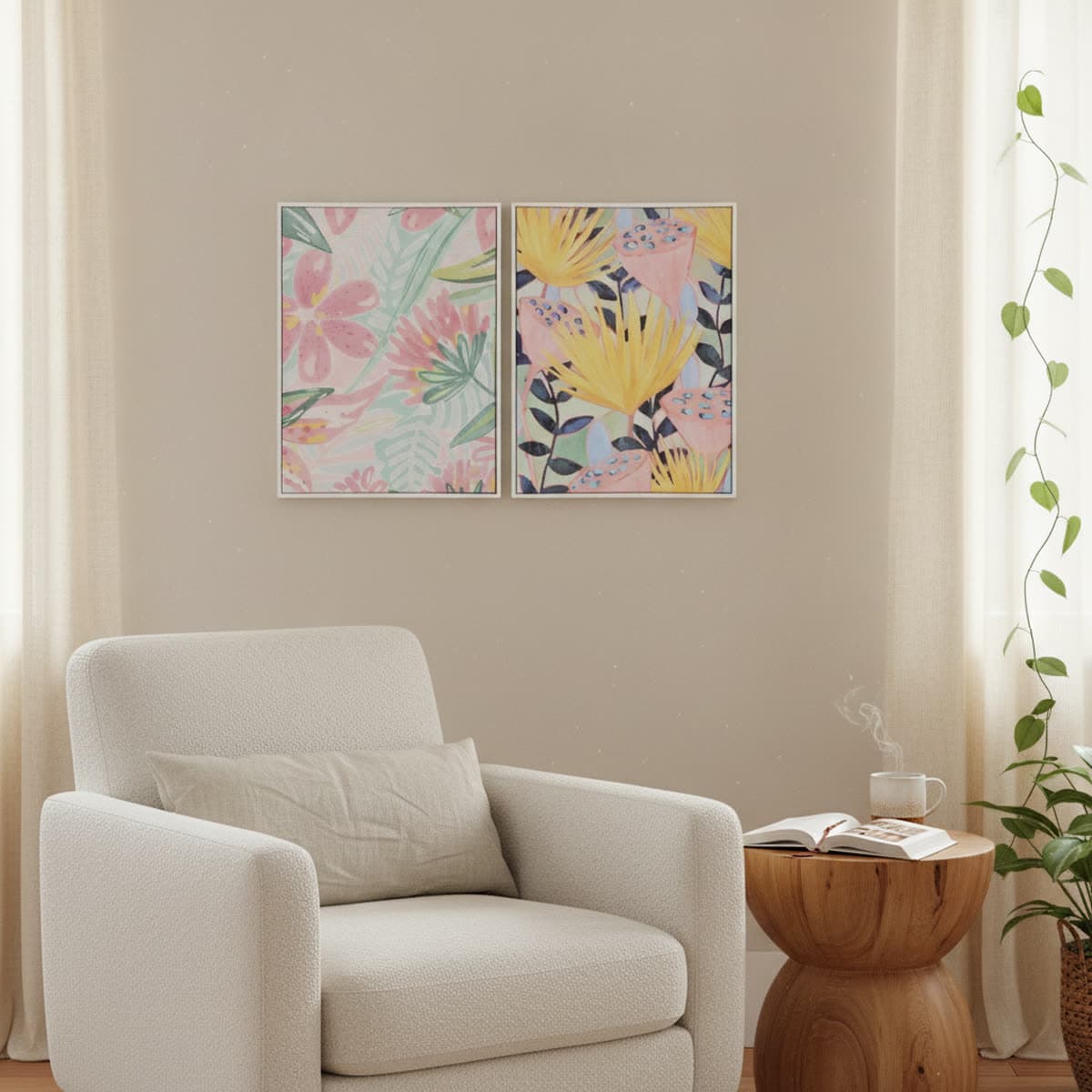 Canvas tropische bloemen kleurrijk (2-delig)