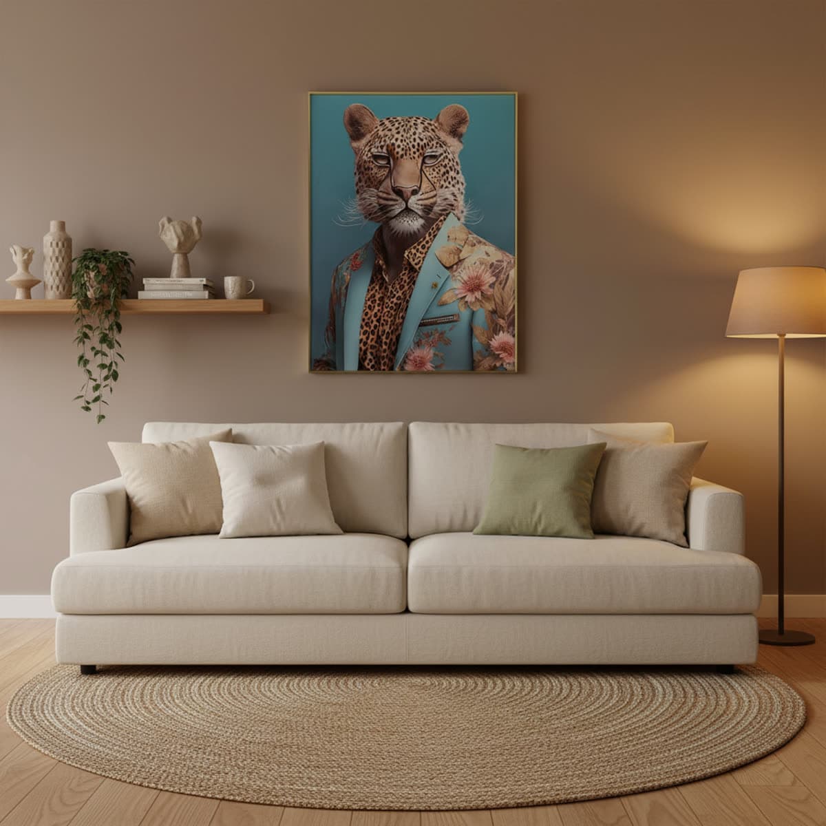 Glasschilderij luipaard in pak 60x80 cm