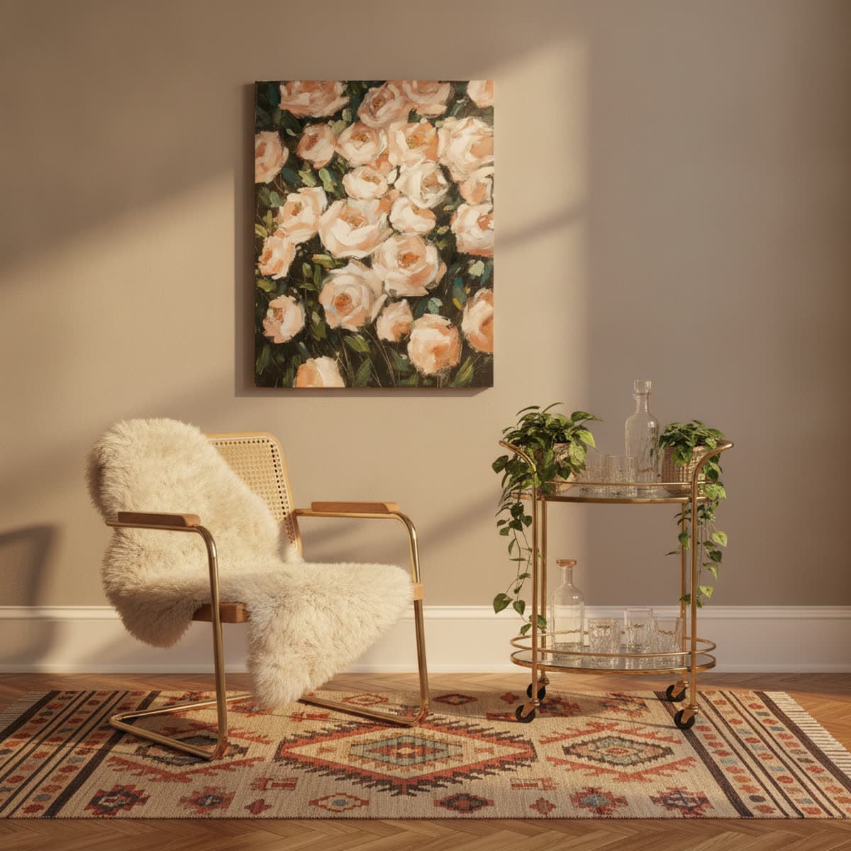 Olieverfschilderij rozen met pijnboomhouten lijst