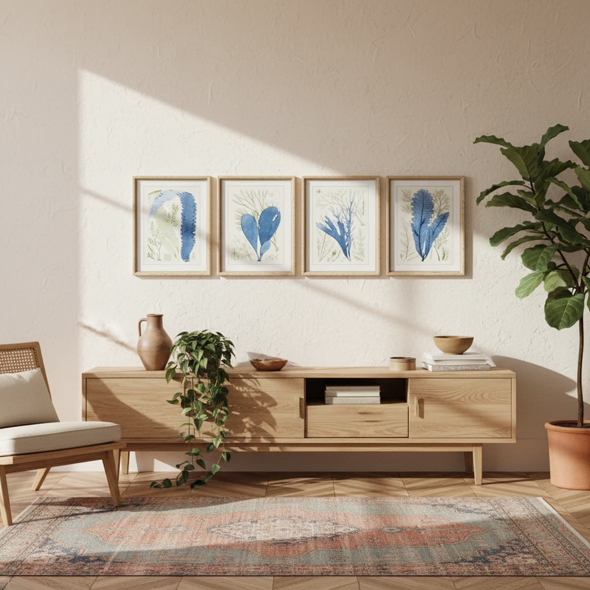Wandset blauwe veren (4 lijsten)