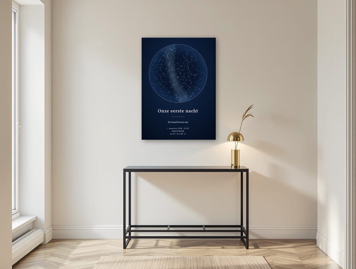 Sterrenhemel op canvas boven een sidetable in de hal