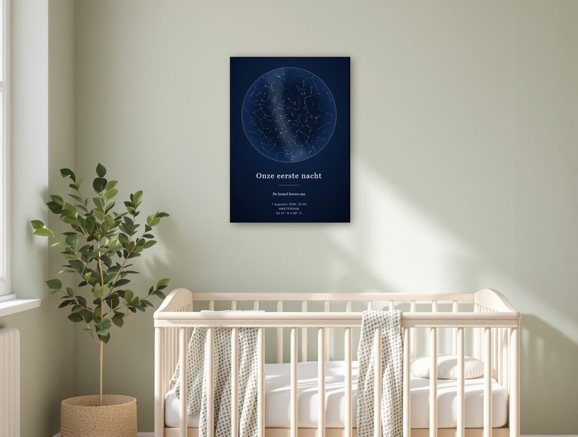 Sterrenhemel op canvas boven een ledikant in de kinderkamer