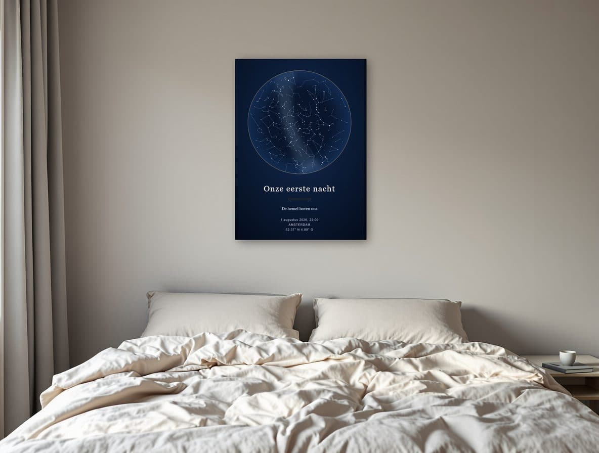 Sterrenhemel op canvas boven het bed in de slaapkamer